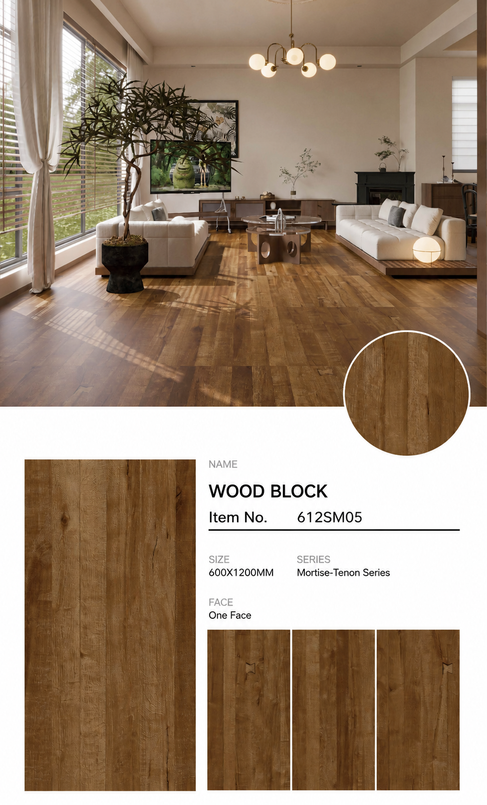 Wood Look Porcelain Floor Tile Mortise Tenon Plank 600x1200mm - Living Room Hallway Open Plan - Item No. 612SM05