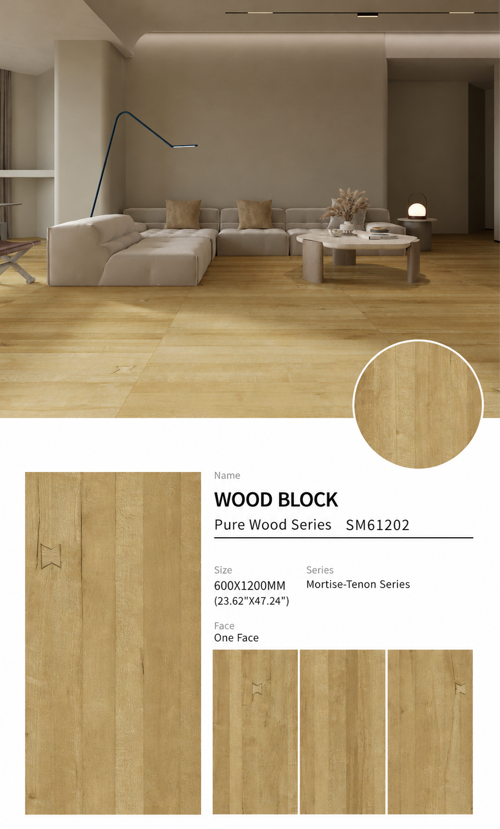 Wood Look Porcelain Floor Tile Mortise Tenon Plank 600x1200mm - Living Room Hallway Open Plan - Item No. SM61202