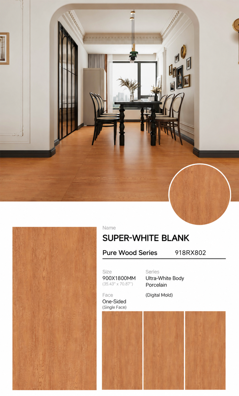 Wood Look Porcelain Floor Tile Fine Grain Velvet Plank 900x1800mm - Living Room Hallway Open Plan - Item No. 918RX802