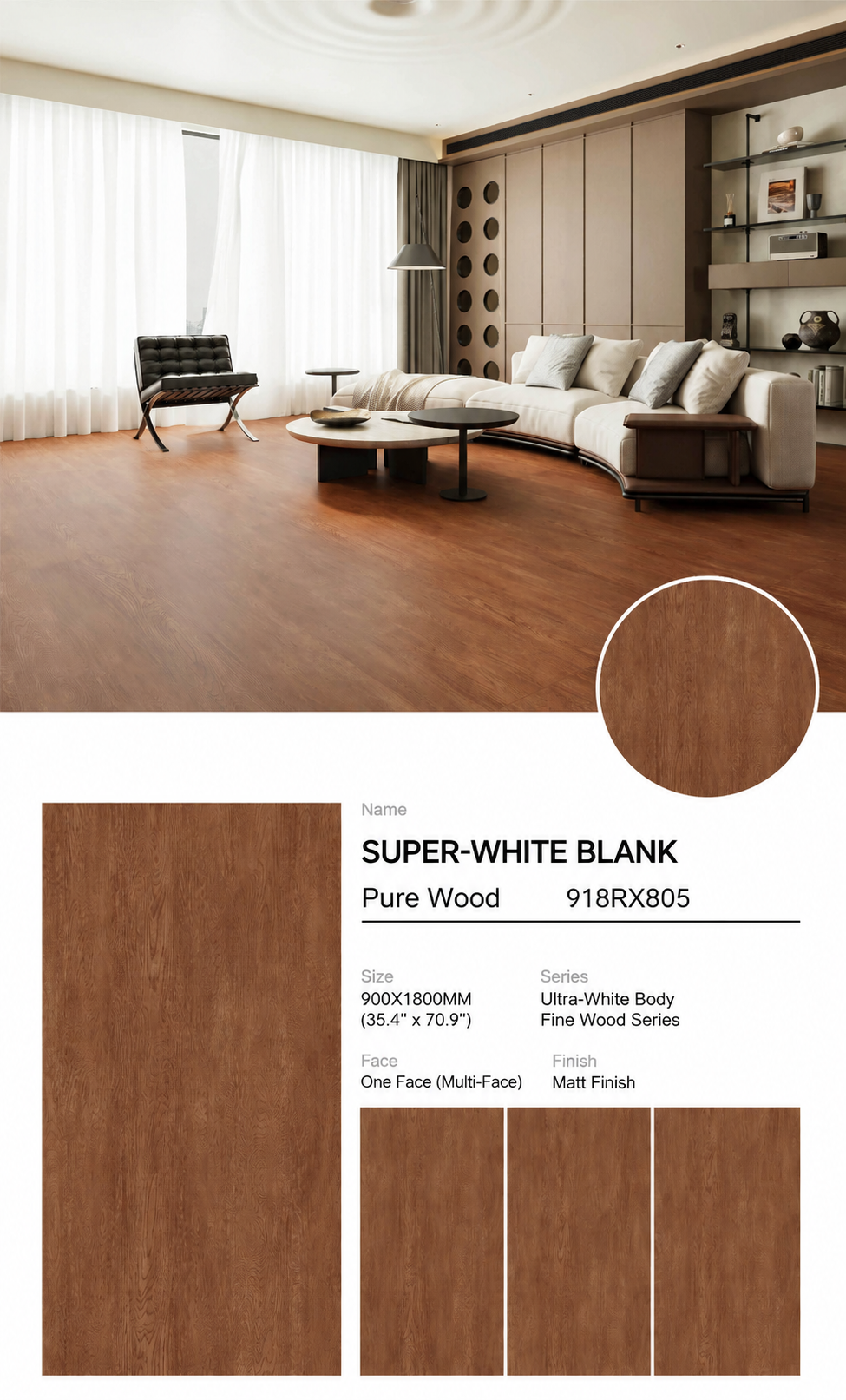 Wood Look Porcelain Floor Tile Fine Grain Velvet Plank 900x1800mm - Living Room Hallway Open Plan - Item No. 918RX805