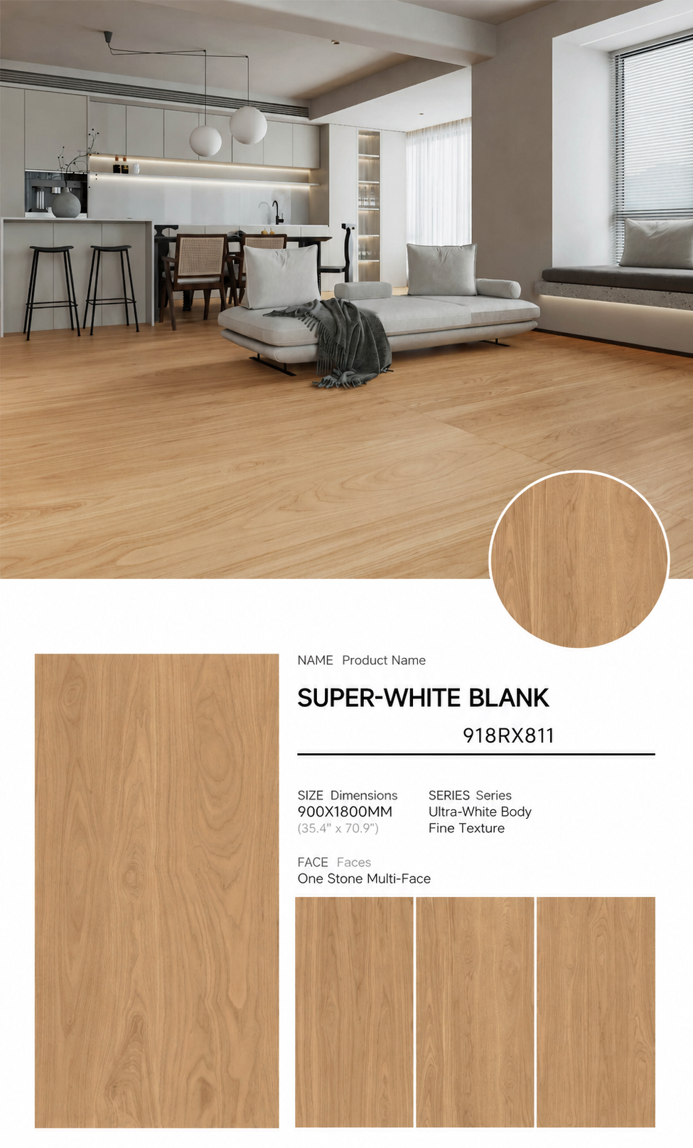 Wood Look Porcelain Floor Tile Fine Grain Velvet Plank 900x1800mm - Living Room Hallway Open Plan - Item No. 918RX811