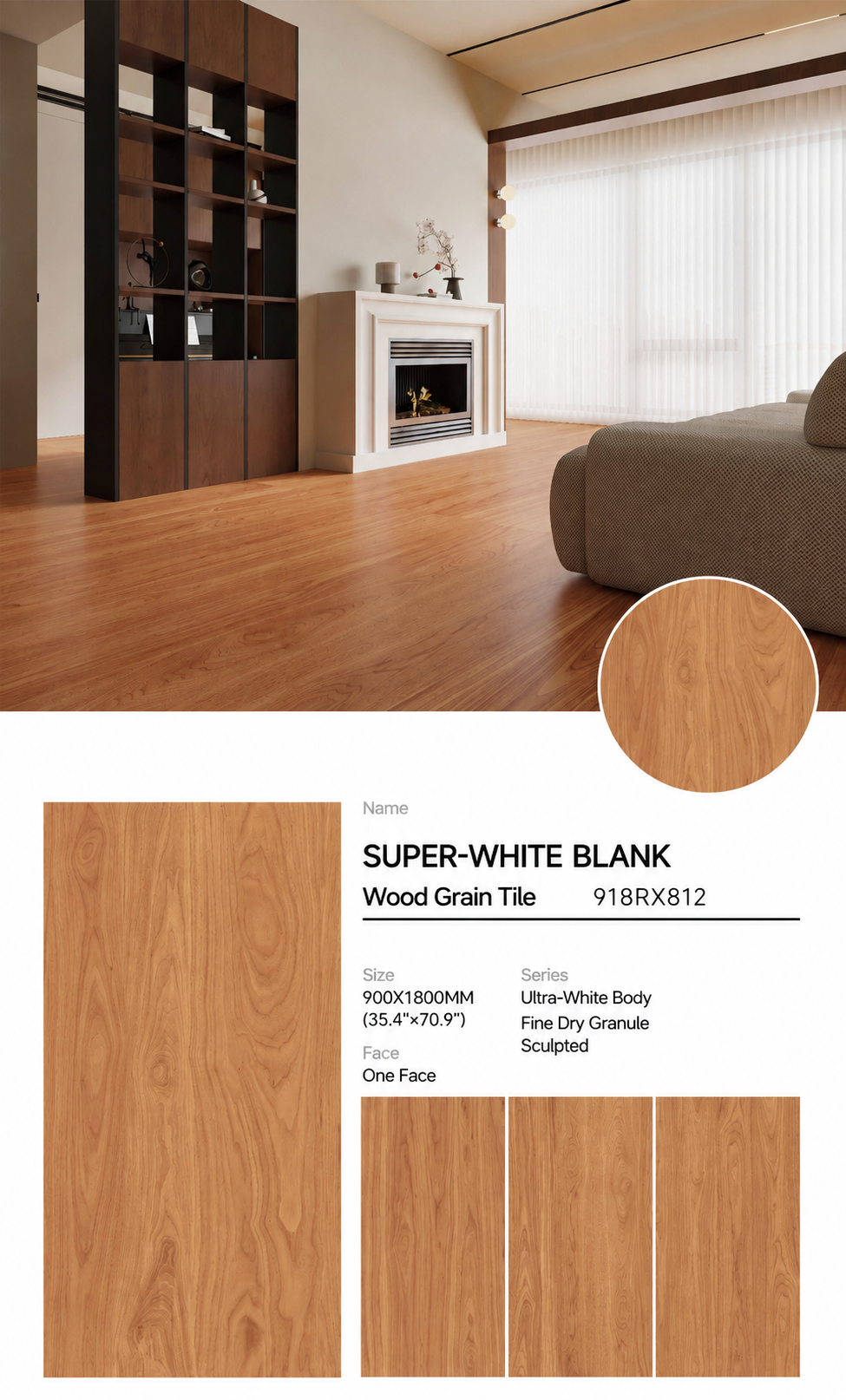 Wood Look Porcelain Floor Tile Fine Grain Velvet Plank 900x1800mm - Living Room Hallway Open Plan - Item No. 918RX812
