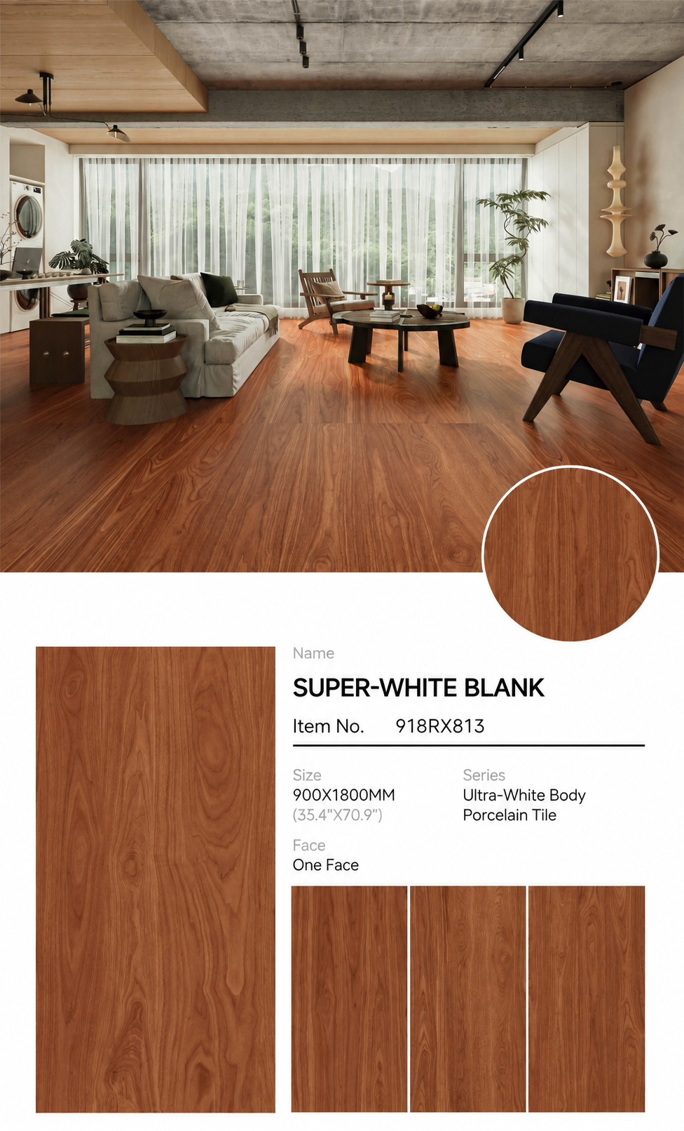 Wood Look Porcelain Floor Tile Fine Grain Velvet Plank 900x1800mm - Living Room Hallway Open Plan - Item No. 918RX813