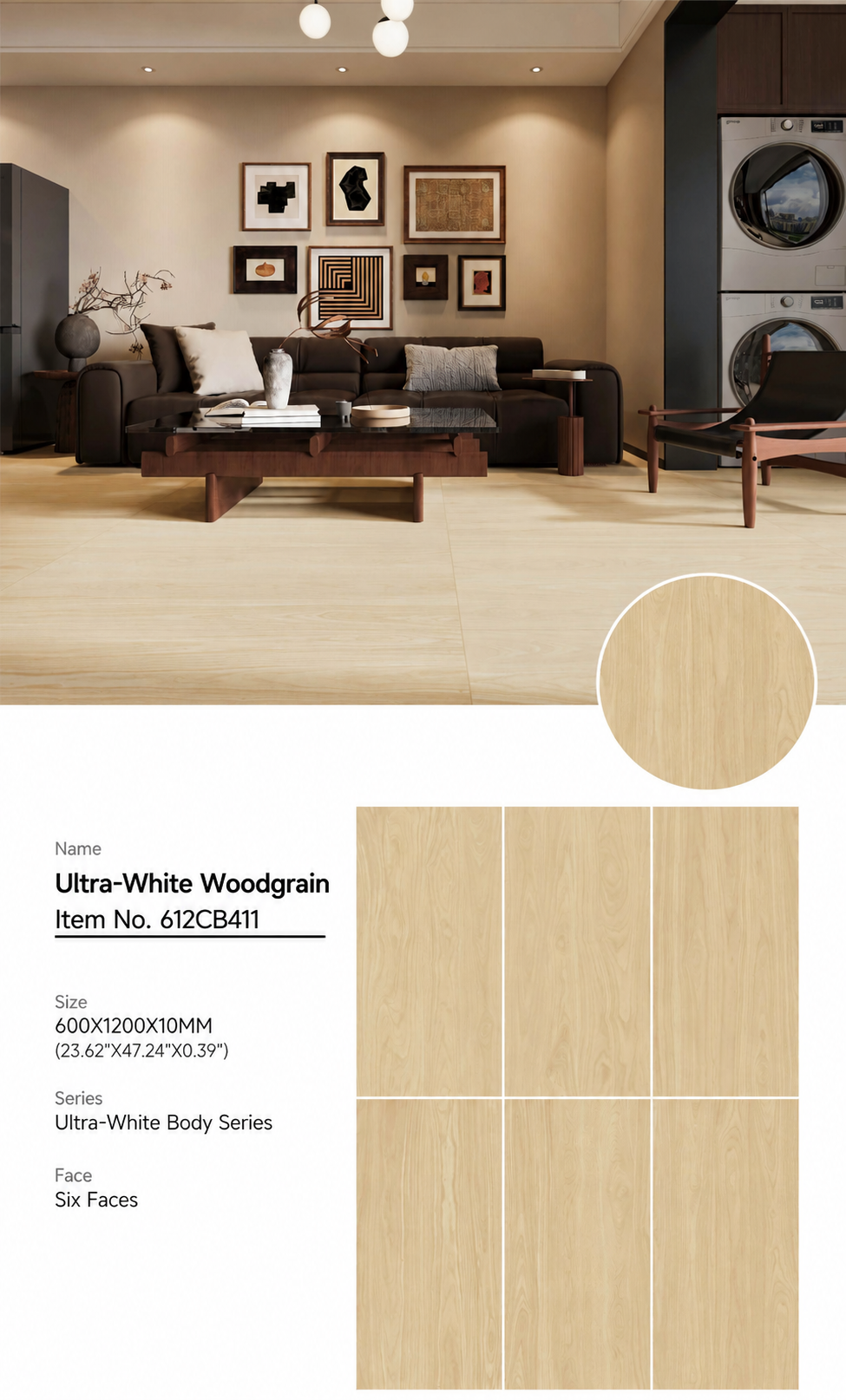 Wood Look Porcelain Floor Tile Wood Grain Plank 1200x10mm - Living Room Hallway Open Plan - Item No. 612CB411