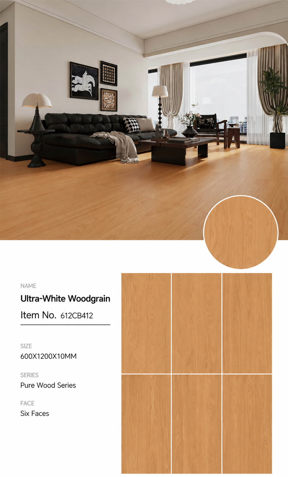 Wood Look Porcelain Floor Tile Wood Grain Plank 1200x10mm - Living Room Hallway Open Plan - Item No. 612CB412