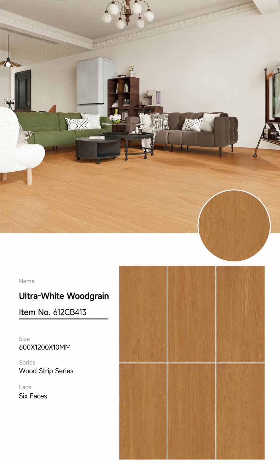 Wood Look Porcelain Floor Tile Wood Grain Plank 1200x10mm - Living Room Hallway Open Plan - Item No. 612CB413