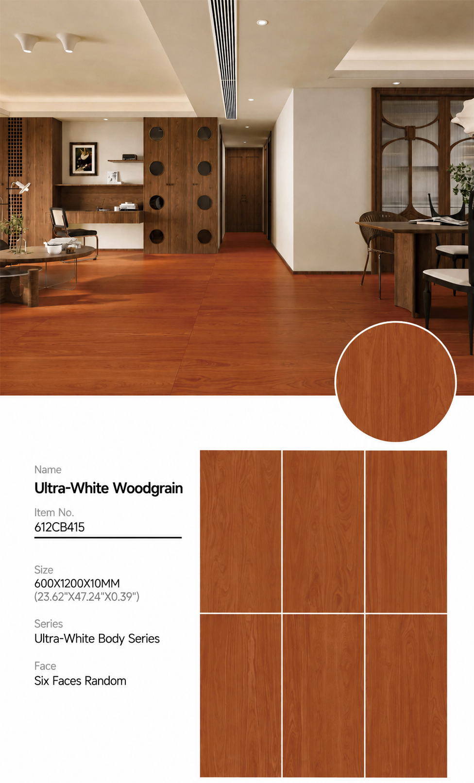Wood Look Porcelain Floor Tile Wood Grain Plank 1200x10mm - Living Room Hallway Open Plan - Item No. 612CB415