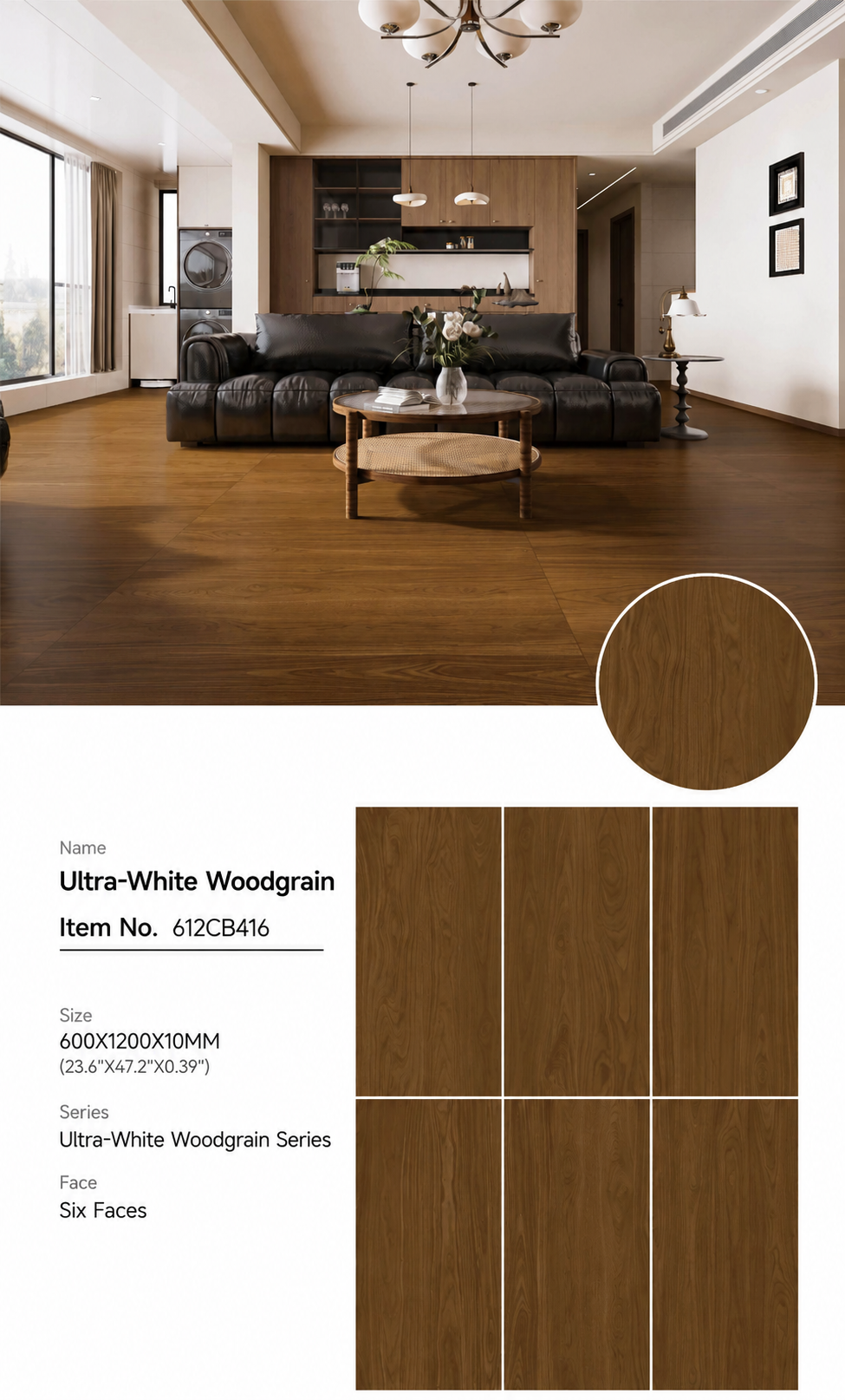 Wood Look Porcelain Floor Tile Wood Grain Plank 1200x10mm - Living Room Hallway Open Plan - Item No. 612CB416