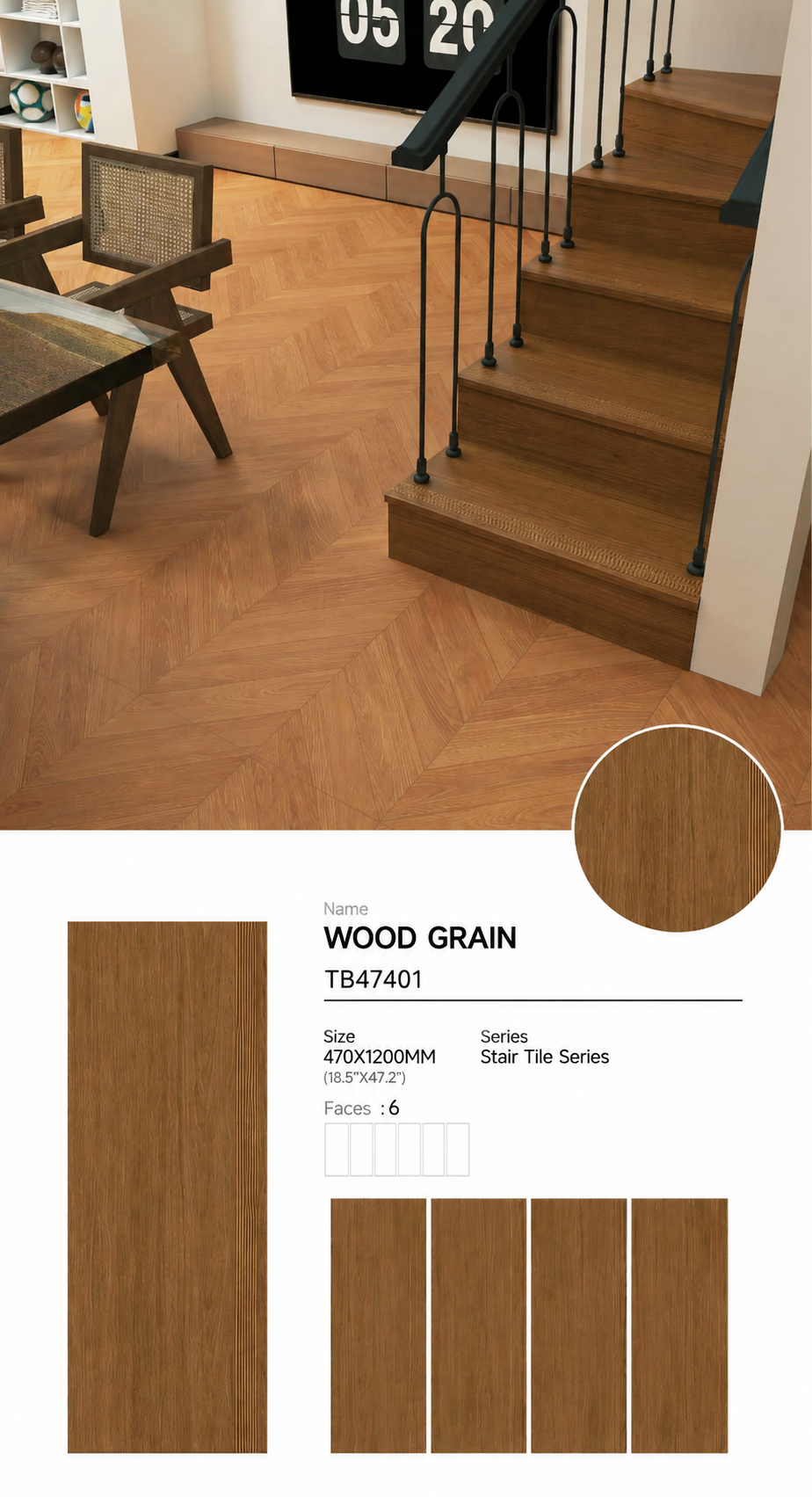 Wood Look Porcelain Floor Tile Stair Tread Plank 470x1200mm - Living Room Hallway Open Plan - Item No. TB47401
