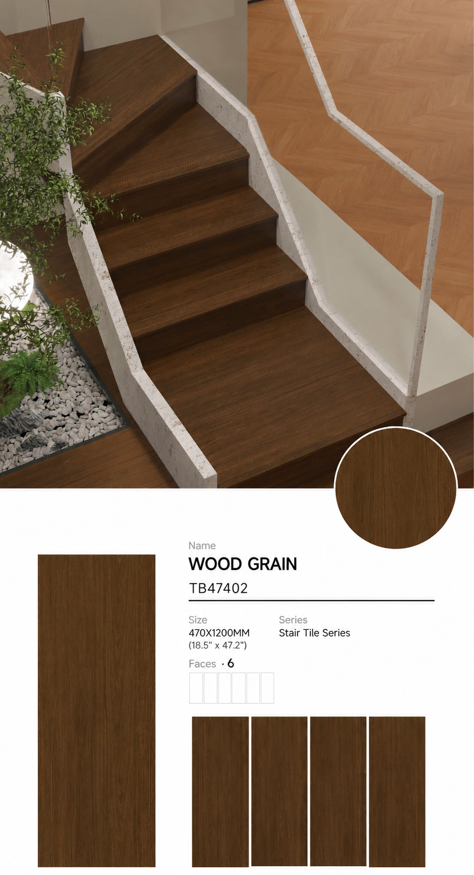 Wood Look Porcelain Floor Tile Stair Tread Plank 470x1200mm - Living Room Hallway Open Plan - Item No. TB47402