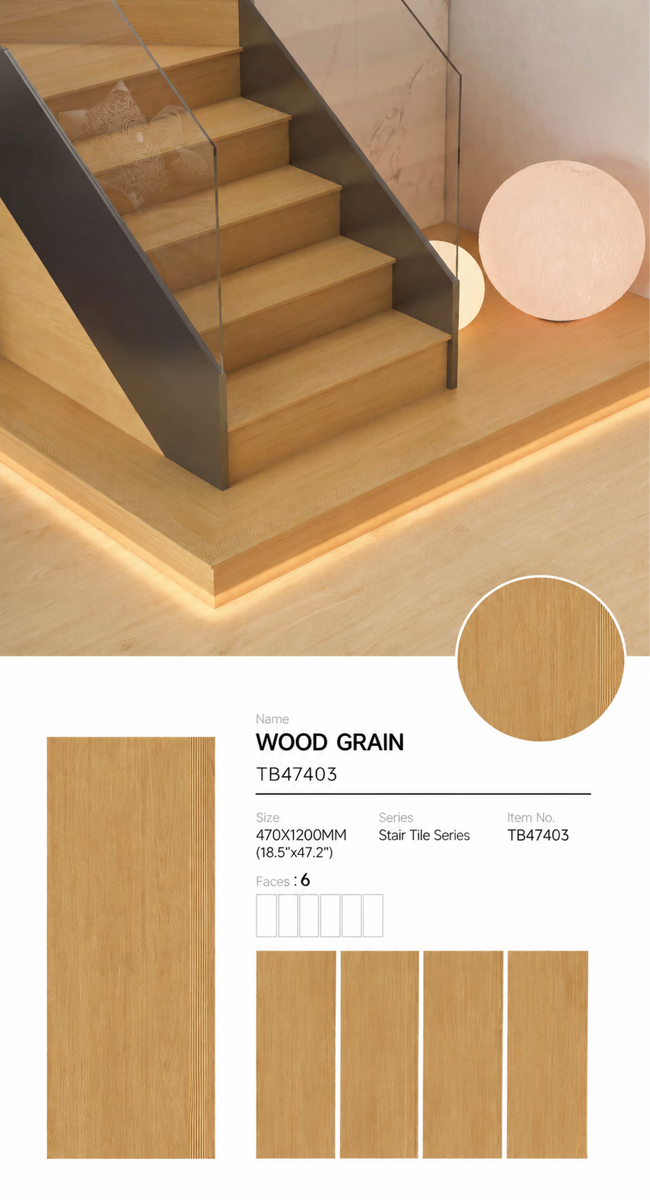 Wood Look Porcelain Floor Tile Stair Tread Plank 470x1200mm - Living Room Hallway Open Plan - Item No. TB47403