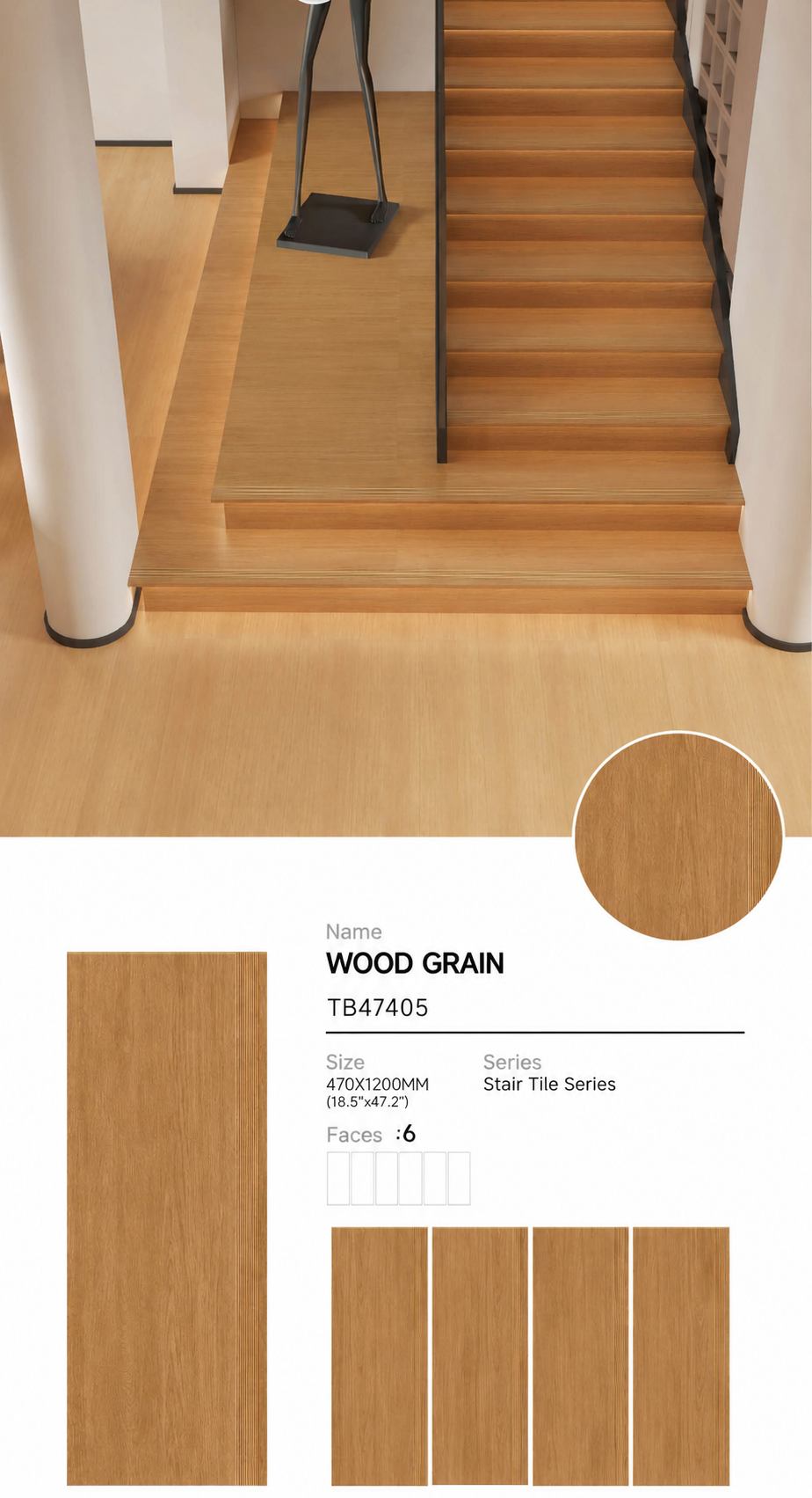 Wood Look Porcelain Floor Tile Stair Tread Plank 470x1200mm - Living Room Hallway Open Plan - Item No. TB47405