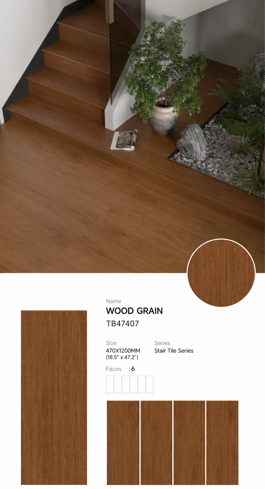 Wood Look Porcelain Floor Tile Stair Tread Plank 470x1200mm - Living Room Hallway Open Plan - Item No. TB47407