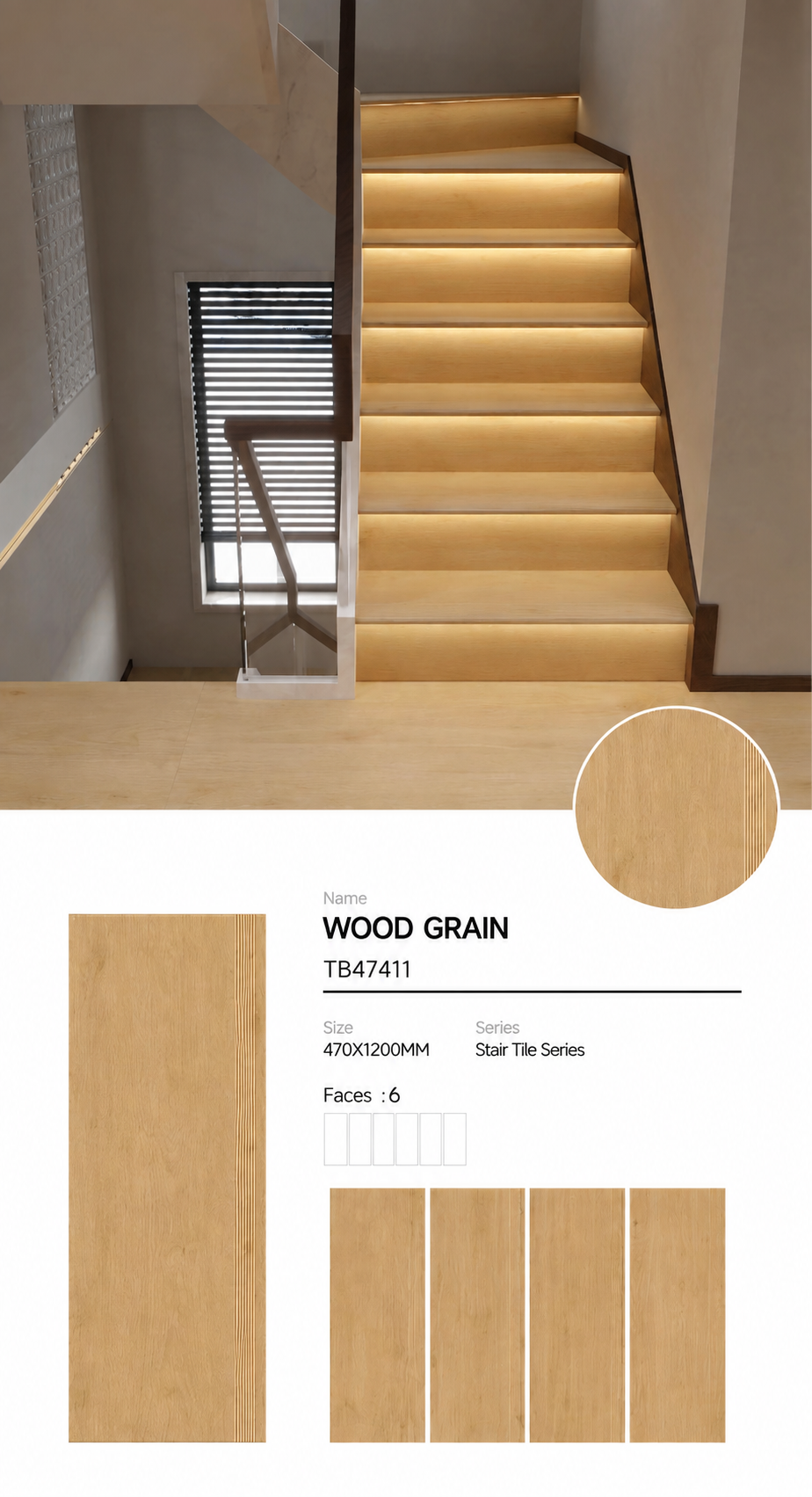 Wood Look Porcelain Floor Tile Stair Tread Plank 470x1200mm - Living Room Hallway Open Plan - Item No. TB47411