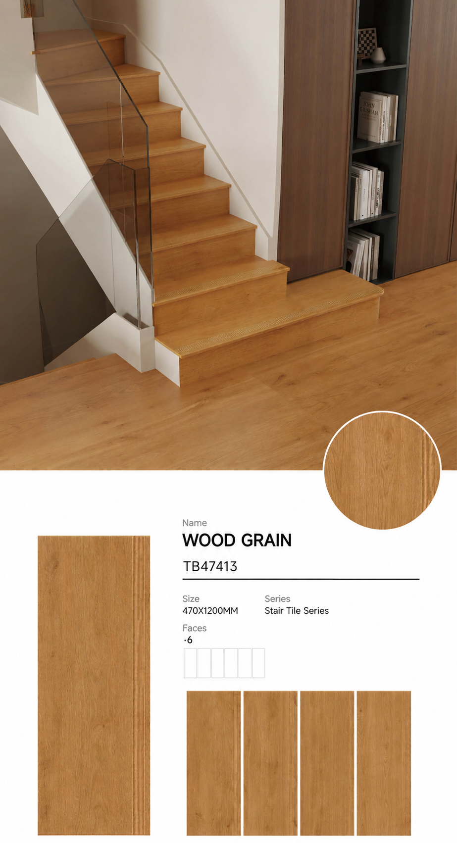 Wood Look Porcelain Floor Tile Stair Tread Plank 470x1200mm - Living Room Hallway Open Plan - Item No. TB47413