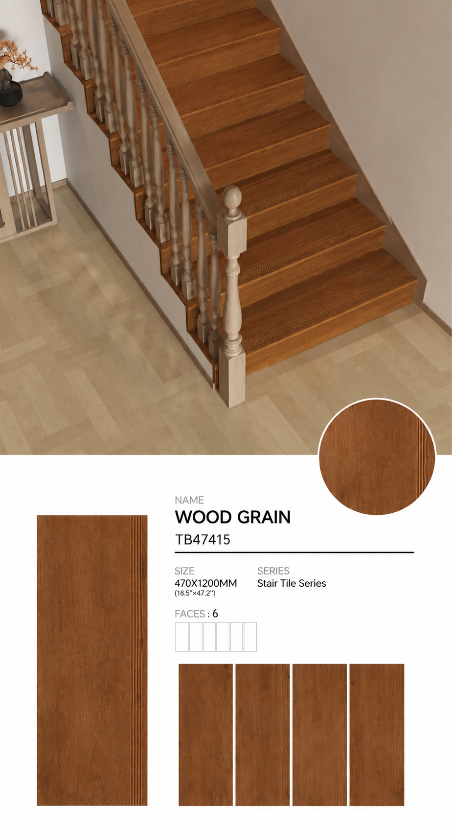 Wood Look Porcelain Floor Tile Stair Tread Plank 470x1200mm - Living Room Hallway Open Plan - Item No. TB47415