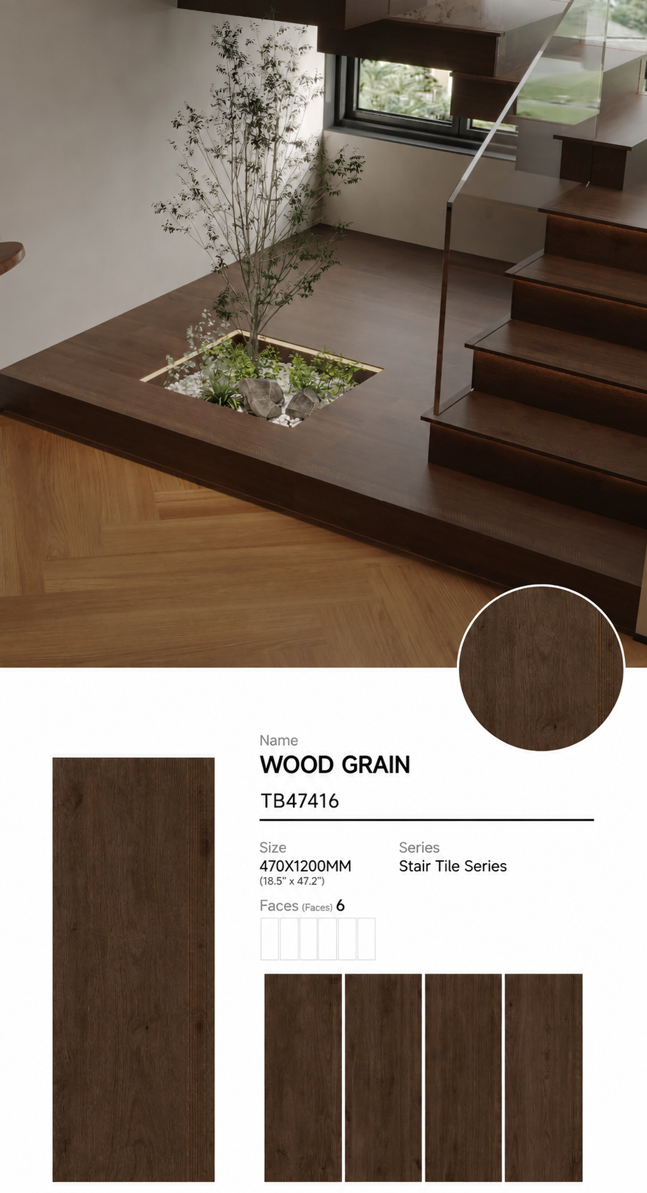 Wood Look Porcelain Floor Tile Stair Tread Plank 470x1200mm - Living Room Hallway Open Plan - Item No. TB47416