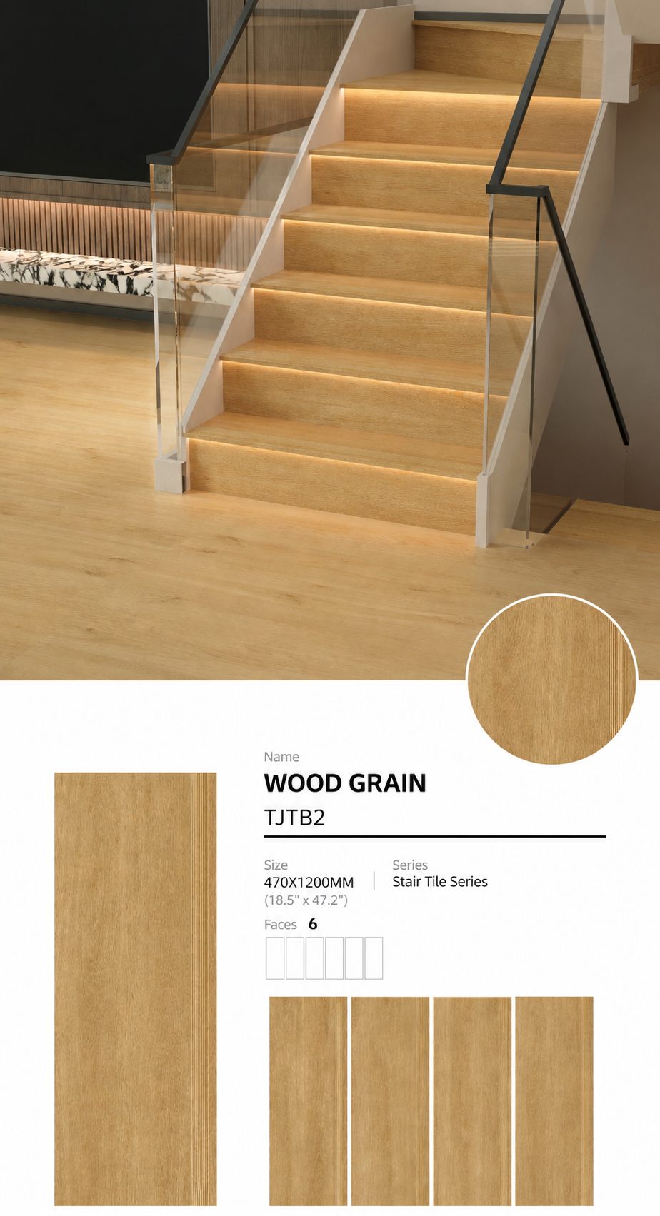 Wood Look Porcelain Floor Tile Stair Tread Plank 470x1200mm - Living Room Hallway Open Plan - Item No. TJTB2