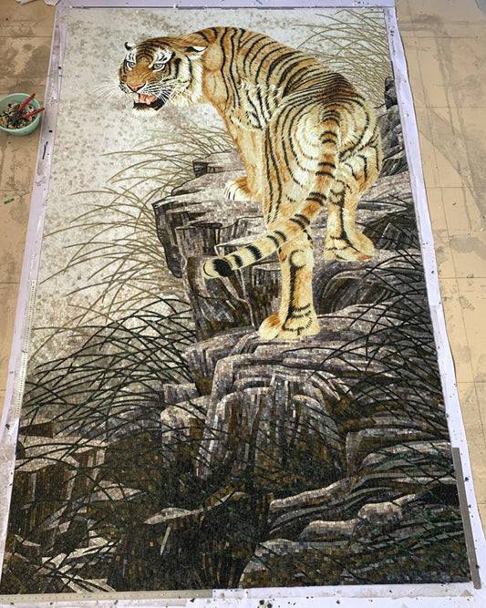 Hand-Cut Ice Jade Glass Tiger Mosaic Mural,Handmade Artistic Tile Wall Decor,Bespoke Wildlife Art for Home & Office,Premium Tiger Lover Gift - GR.Mosaic Decorative Pattern (View 2)
