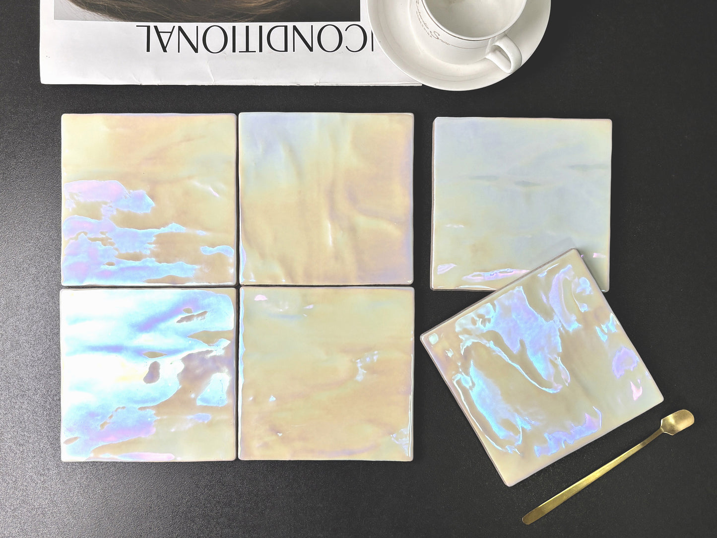 Iridescent Ceramic Tiles 132x132mm - Per Square Meter - Gentle Pearl Rainbow Holographic Finish - NL1301HC