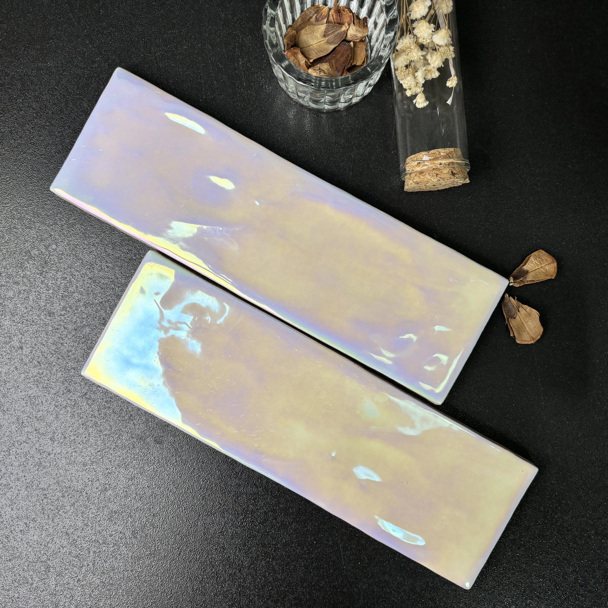 Iridescent holographic ceramic tiles installed in a luxury bathroom - GleamRock