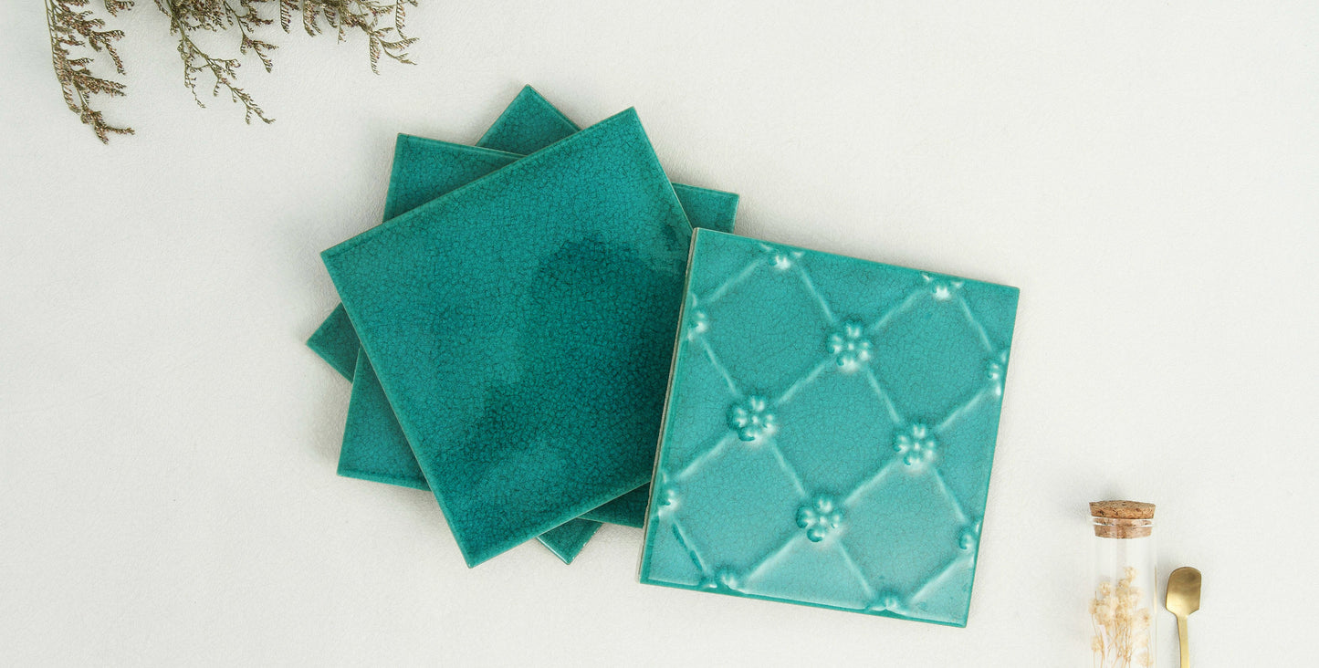 Ice Crack Ceramic Tiles 150x150mm - N-BL-15002 - Per Square Meter - Turquoise Green Crackle Glaze Finish