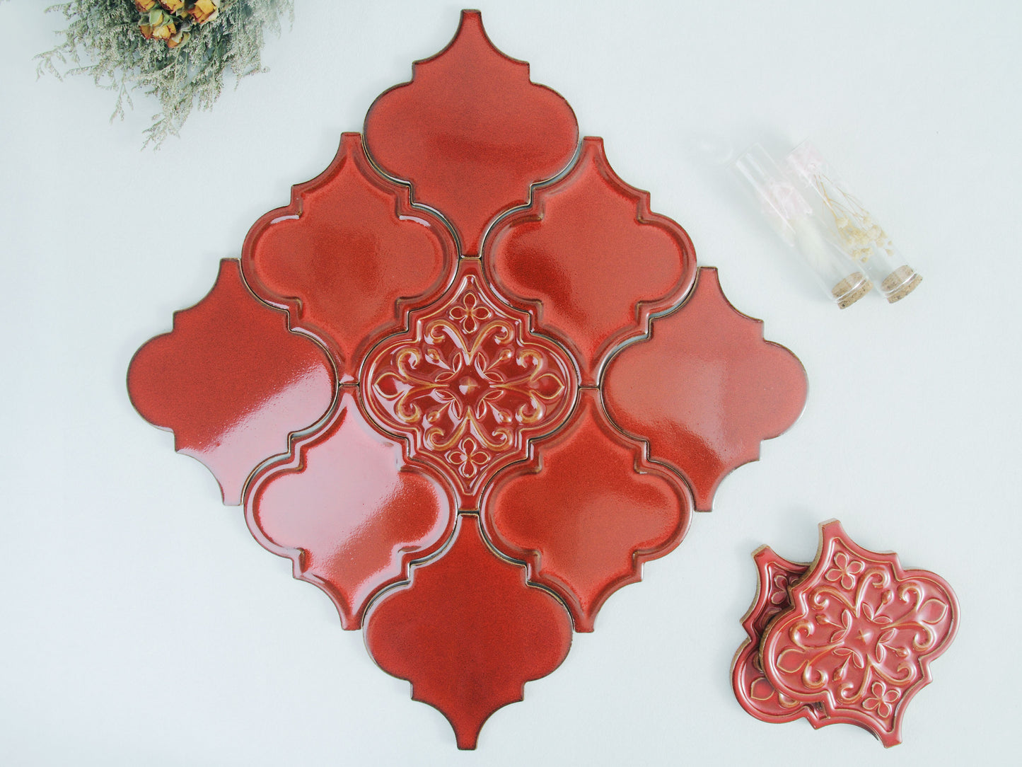 Moroccan Lantern Ceramic Tiles 150x175mm - N-DL-157502 - Per Square Meter - Coral Red Glossy Finish - GR.Mosaic Decorative Pattern (View 1)