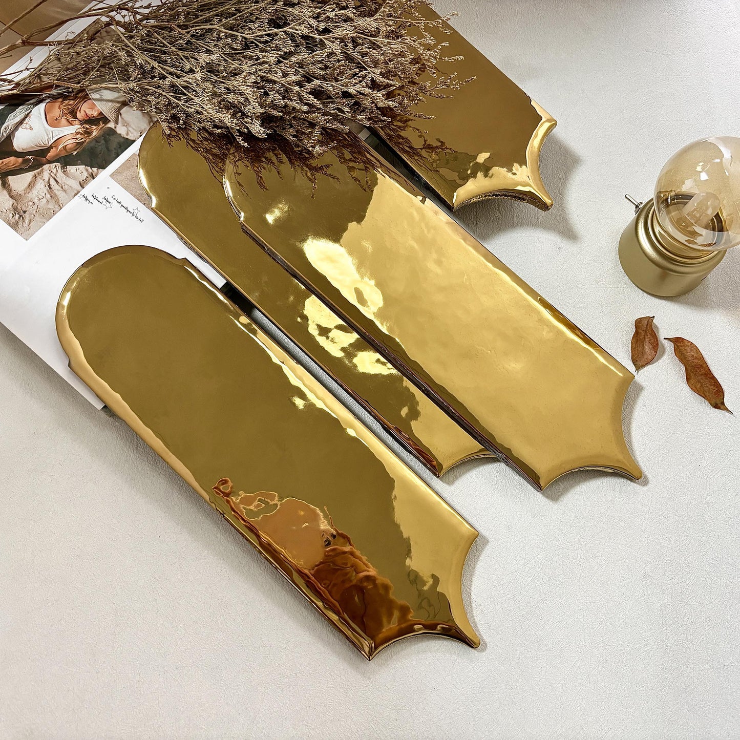 Feather Ceramic Tiles 90x308mm - Per Square Meter - Bright Gold Finish - YM930-16J - GR.Mosaic Decorative Pattern (View 7)