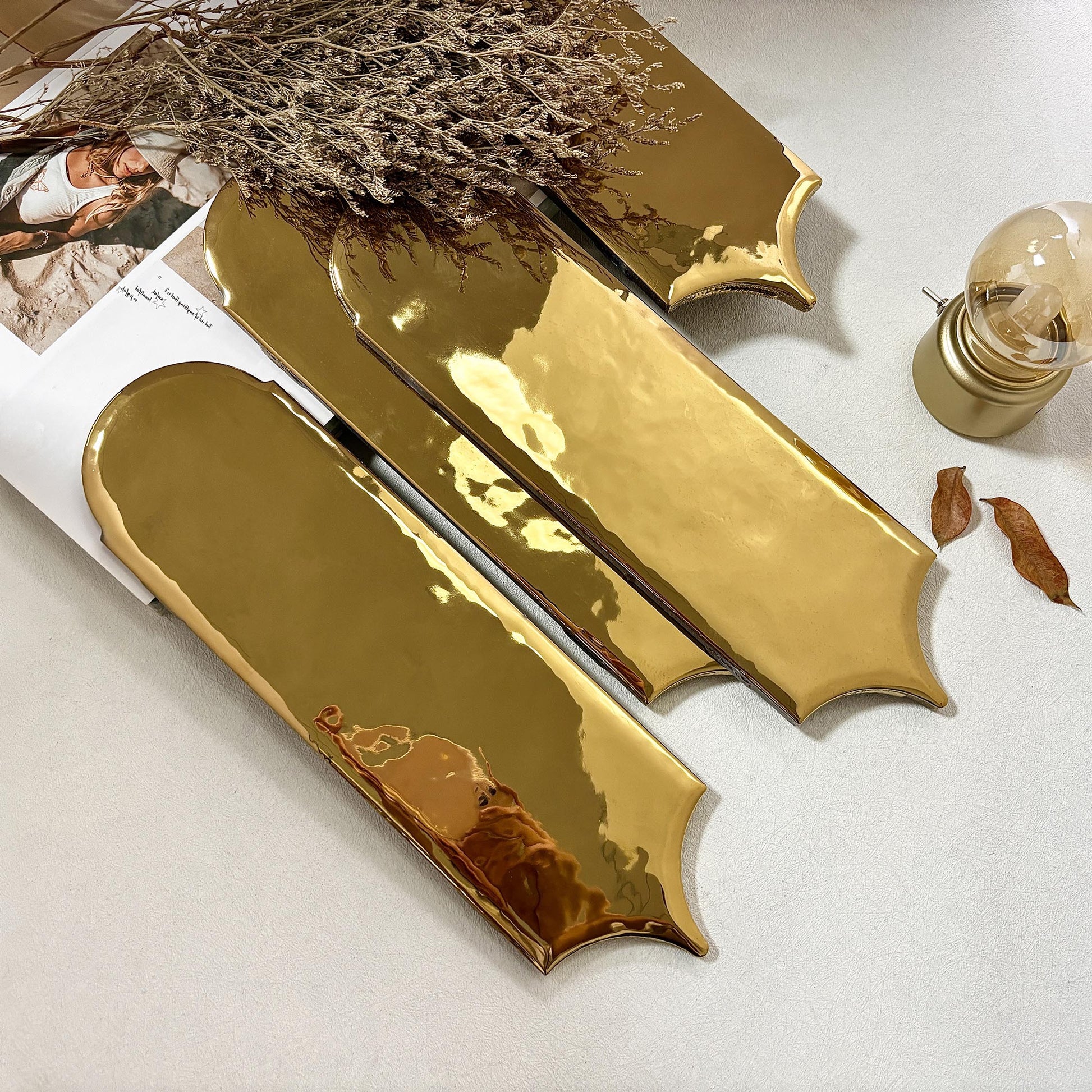 Feather Ceramic Tiles 90x308mm - Per Square Meter - Bright Gold Finish - YM930-16J - GR.Mosaic Decorative Pattern (View 7)