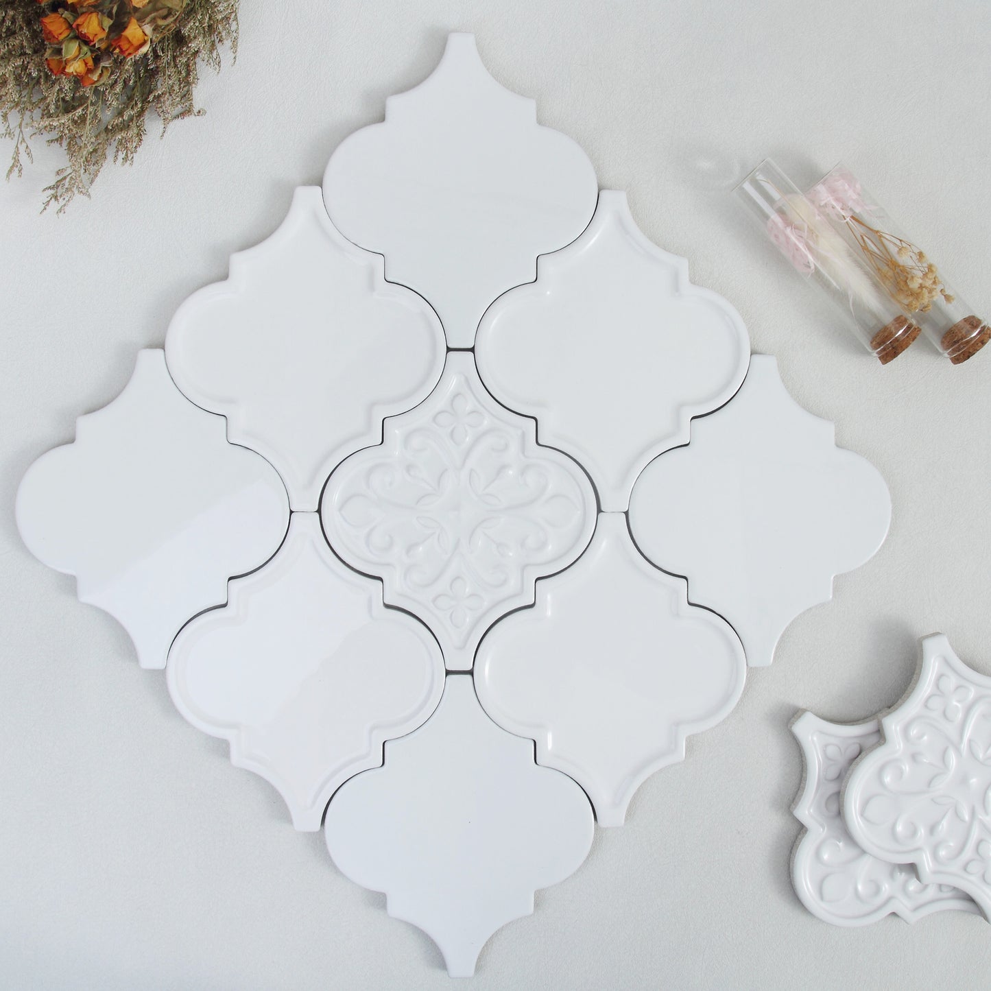Moroccan Lantern Ceramic Tiles 150x175mm - N-DL-157503 - Per Square Meter - Pure White Glossy Finish - GR.Mosaic Decorative Pattern (View 1)