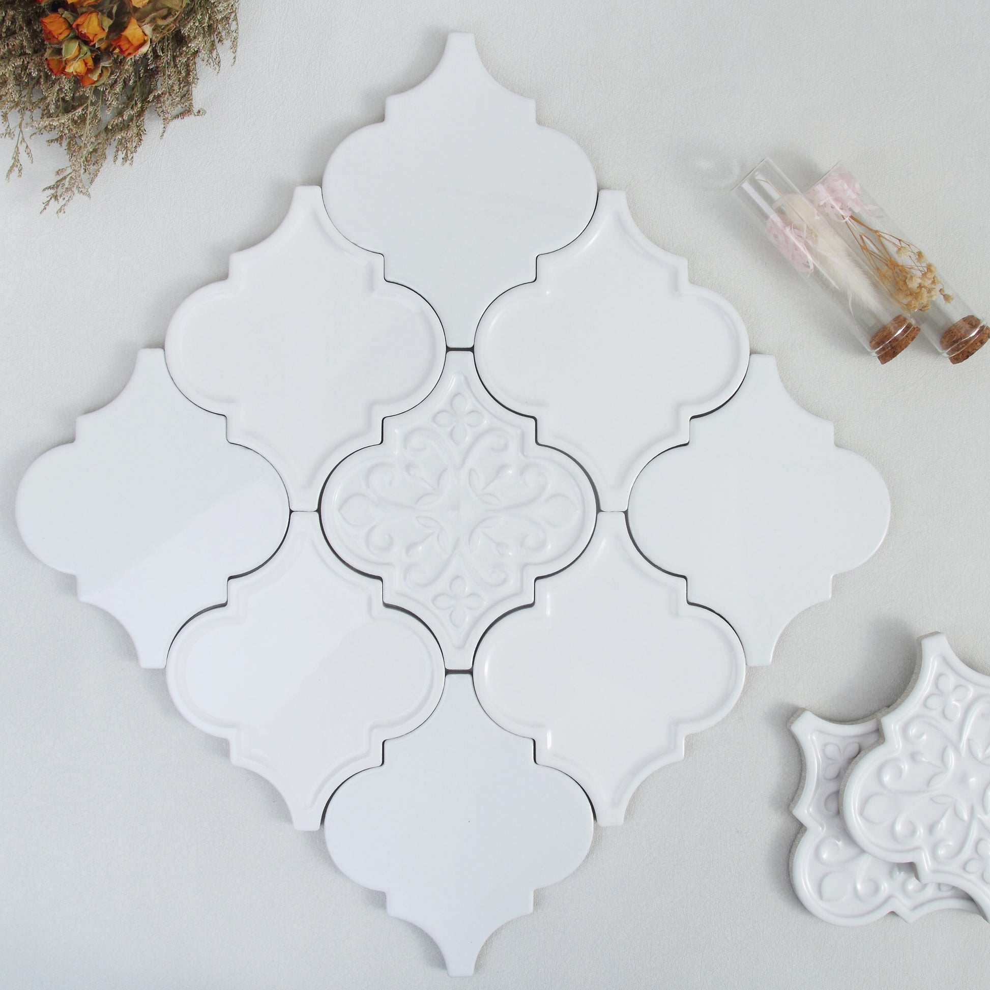 Moroccan Lantern Ceramic Tiles 150x175mm - N-DL-157503 - Per Square Meter - Pure White Glossy Finish - GR.Mosaic Decorative Pattern (View 1)