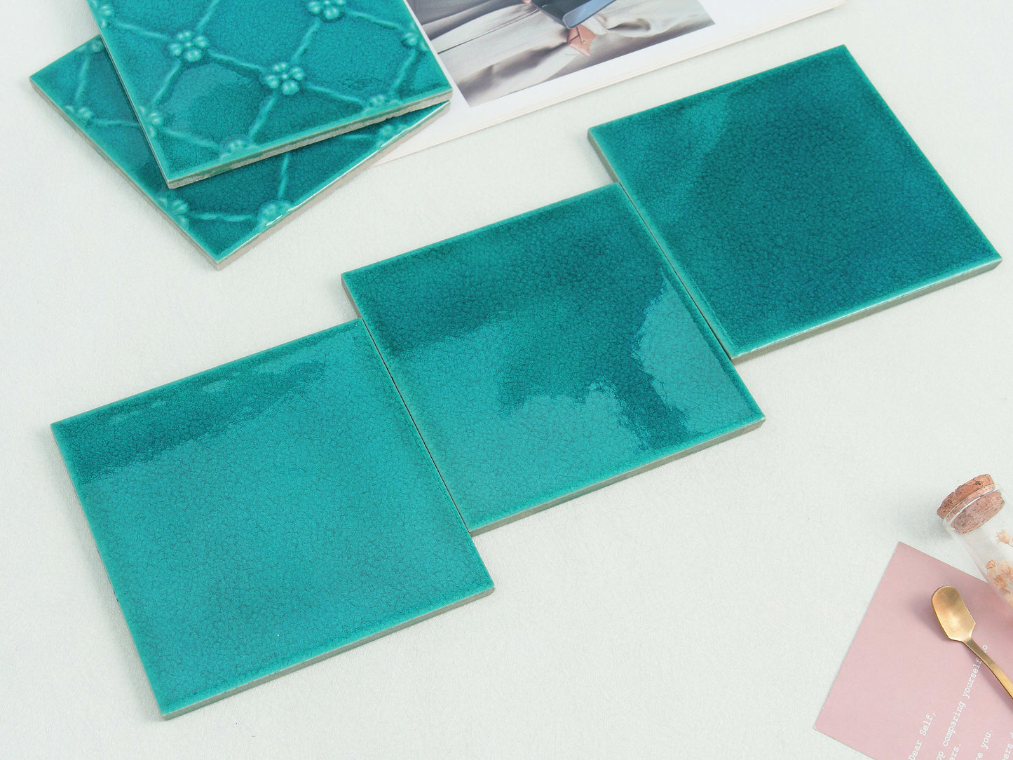 Ice Crack Ceramic Tiles 150x150mm - N-BL-15002 - Per Square Meter - Turquoise Green Crackle Glaze Finish