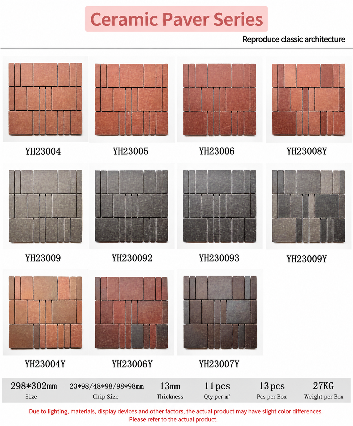 Mixed Brick Paver series item numbers and sizes