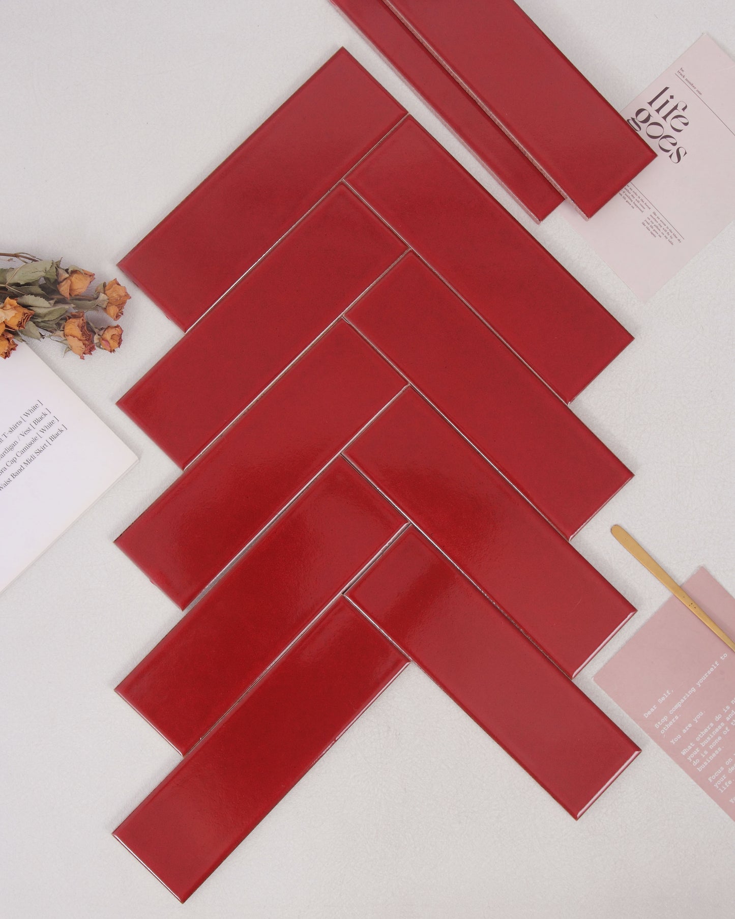 Ice Crack Kiln Change Ceramic Tiles 60x200mm - Per Square Meter - Vibrant Red Glossy Finish - N-YB-65013