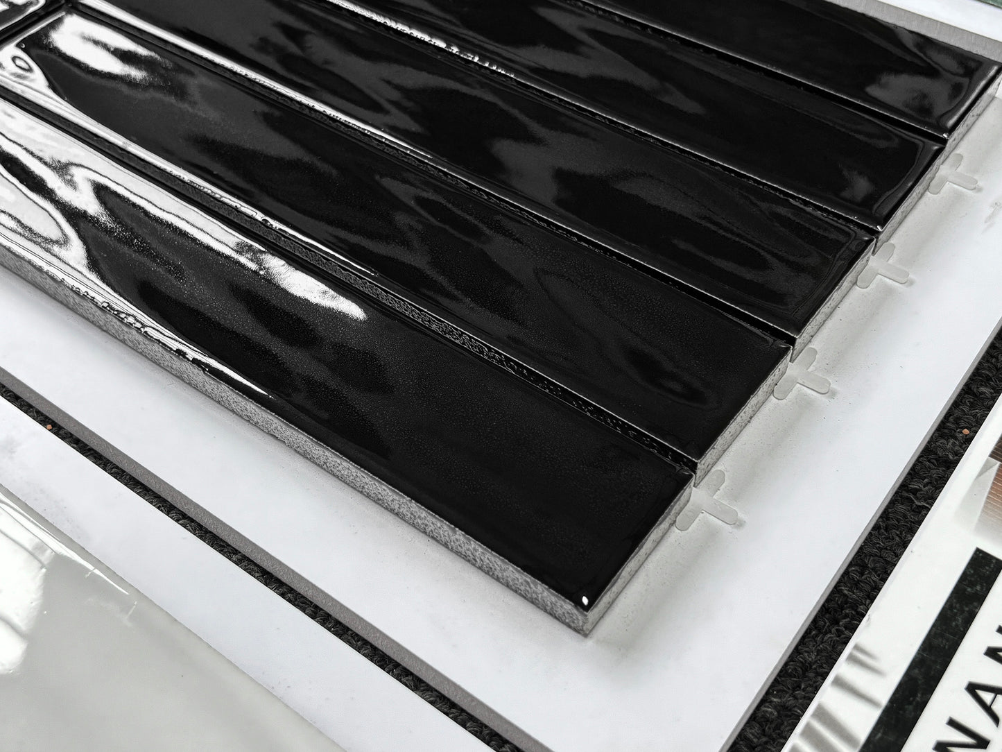 Handmade Kiln-fired Brick 40x250mm - Per Square Meter (100pcs) - Deep Black Mirror Finish N42502