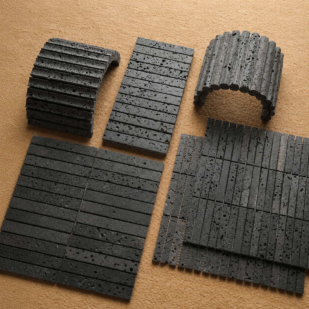 Black lava stone strip mosaic tile sheets - flat, fluted and curved profiles on jute