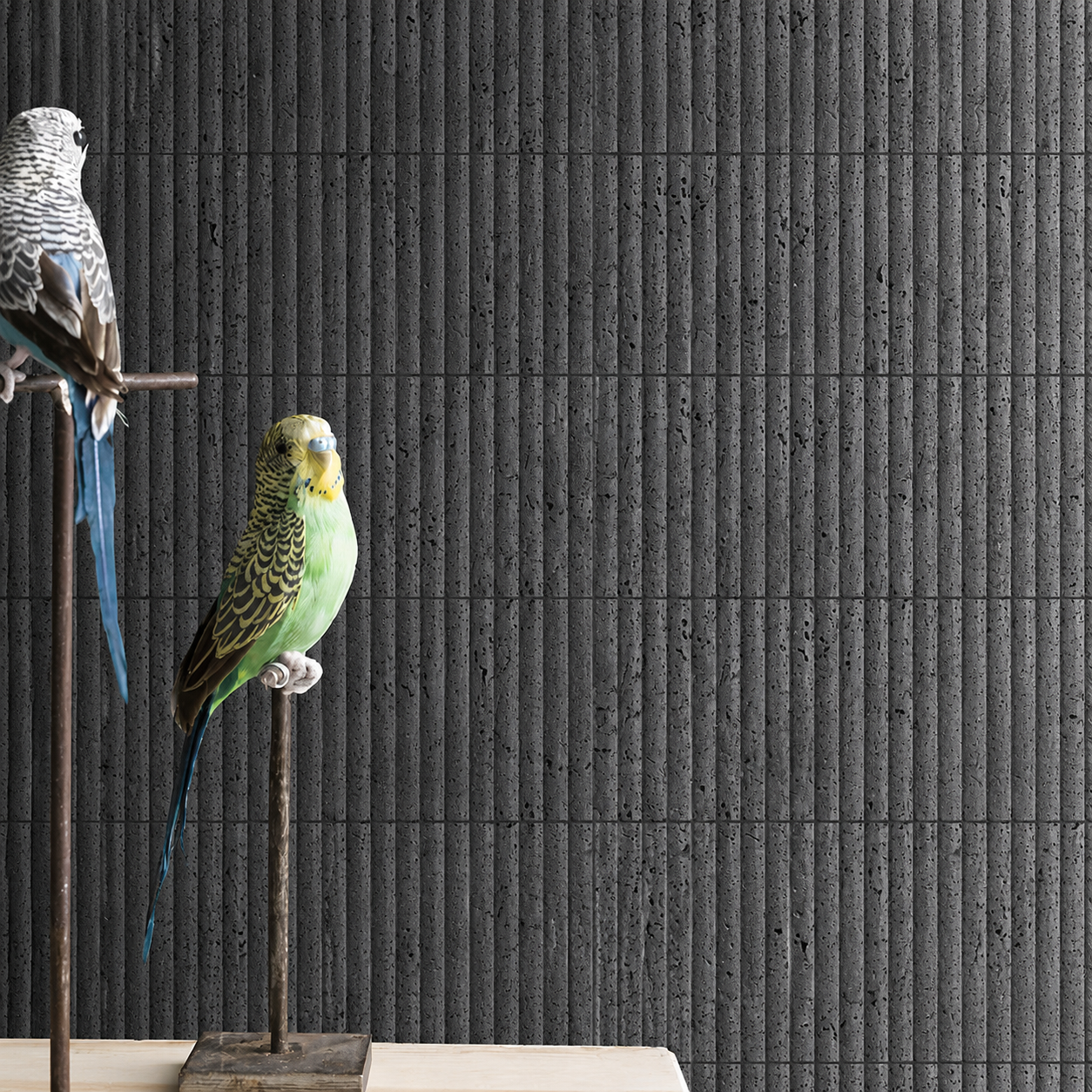 Black lava stone strip mosaic tile wall application