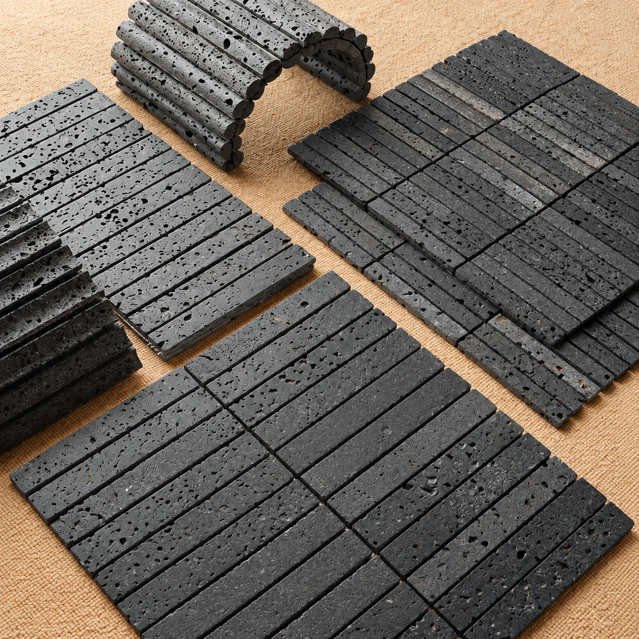 Black lava stone strip mosaic tile installation scene