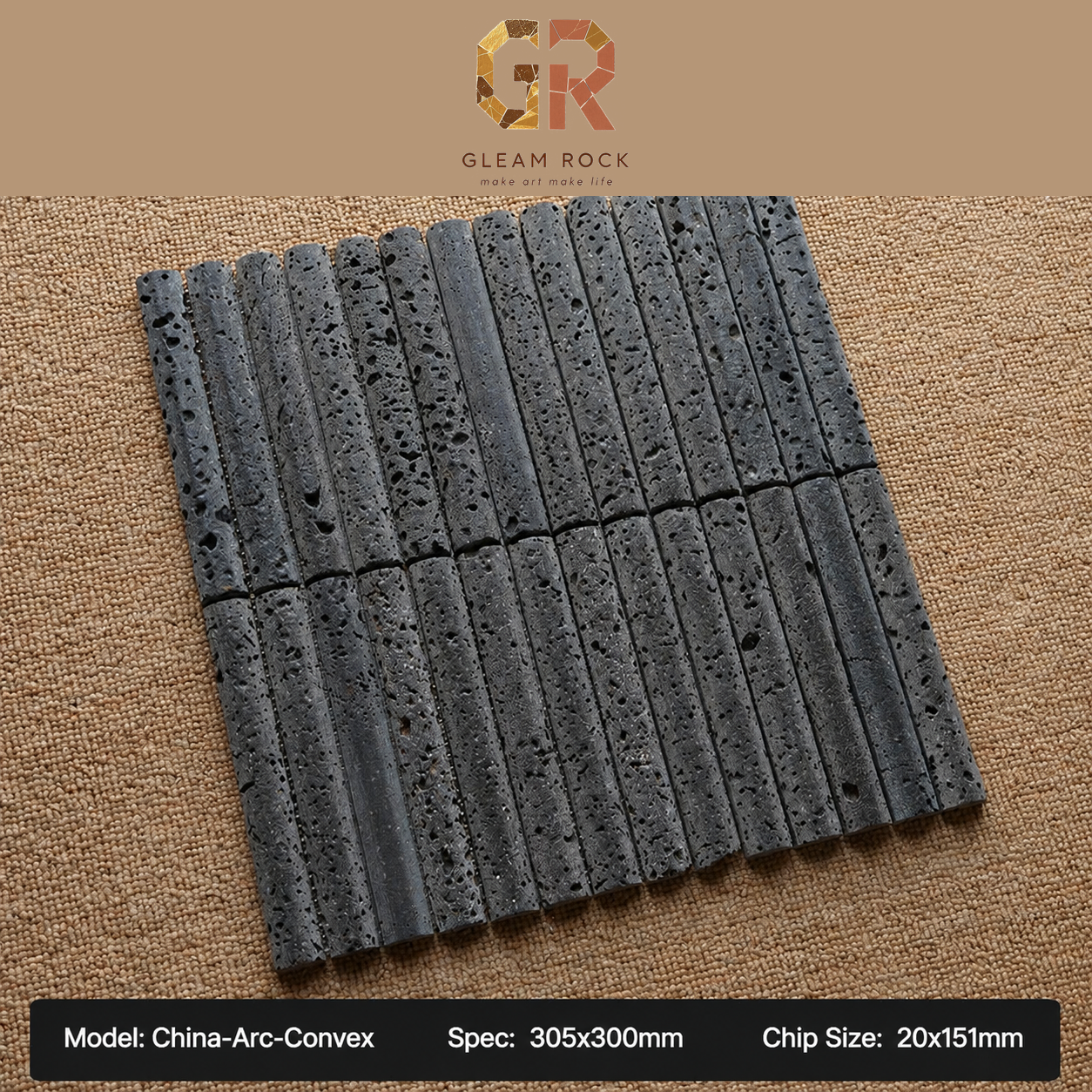 Black lava stone arc-convex strip mosaic 305x300mm chip 20x151mm