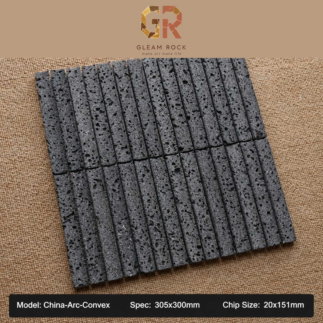Black lava stone arc-convex fluted strip mosaic sheet detail