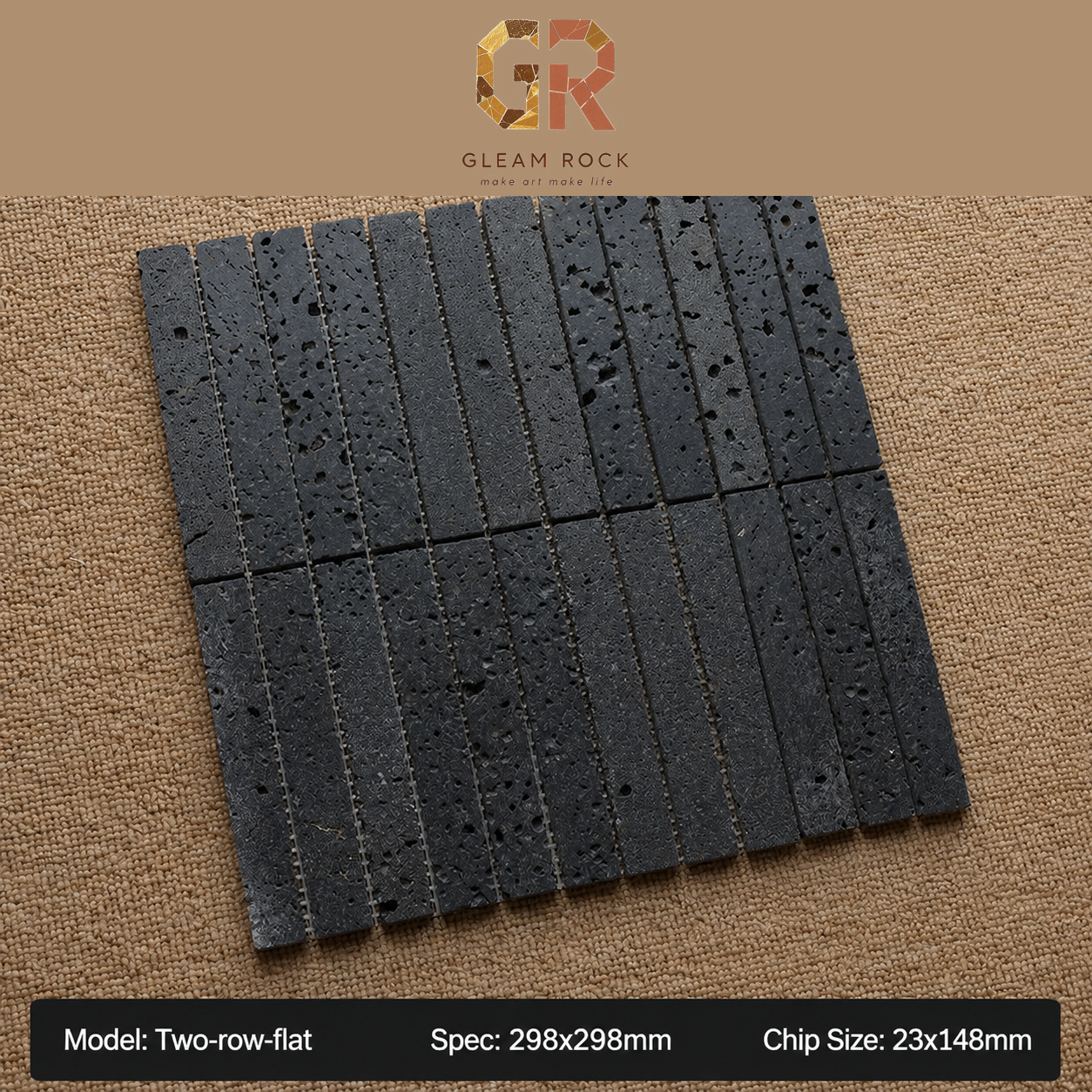 Black lava stone two-row flat strip mosaic 298x298mm chip 23x148mm