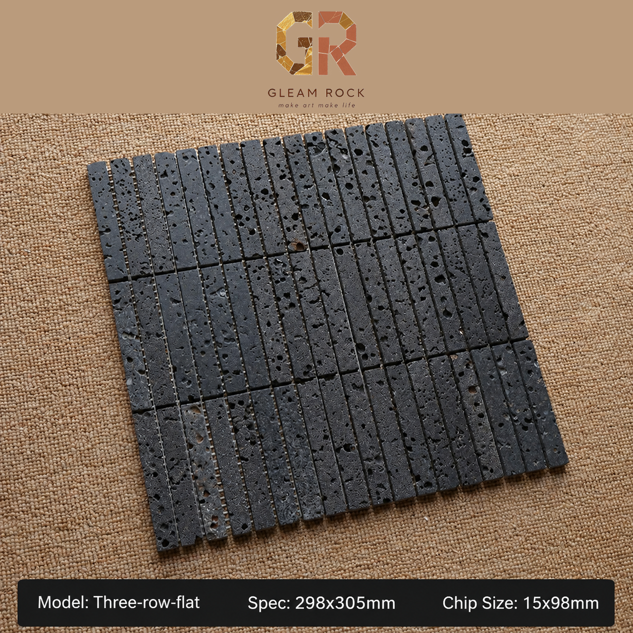 Black lava stone three-row flat strip mosaic 298x305mm chip 15x98mm
