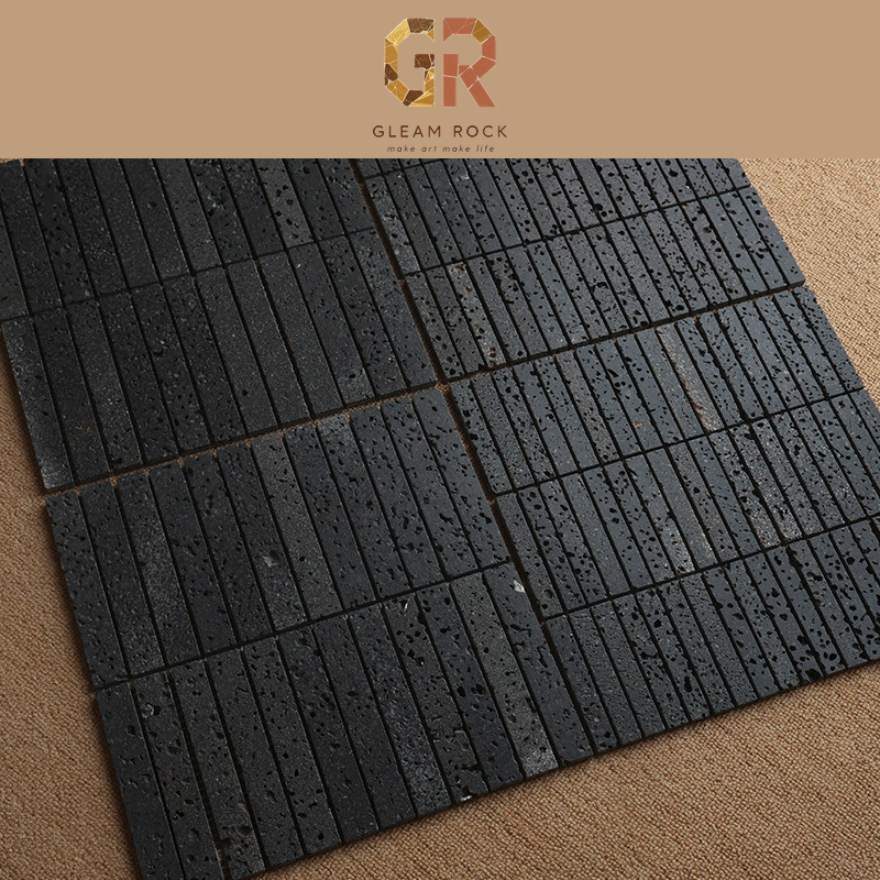 Black lava stone flat strip mosaic multiple sheets layout