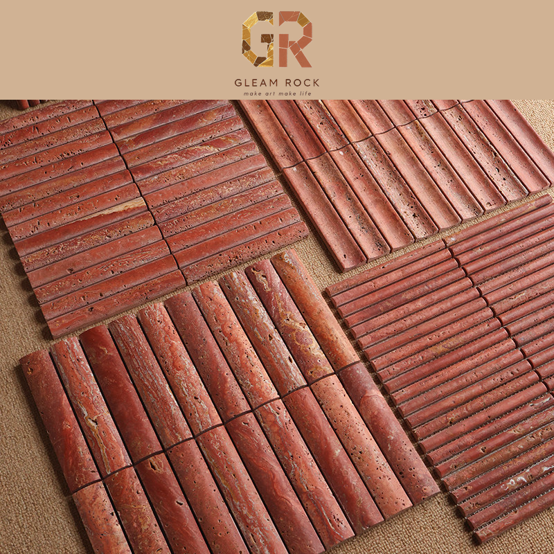 Red travertine arc-convex strip mosaic sheets