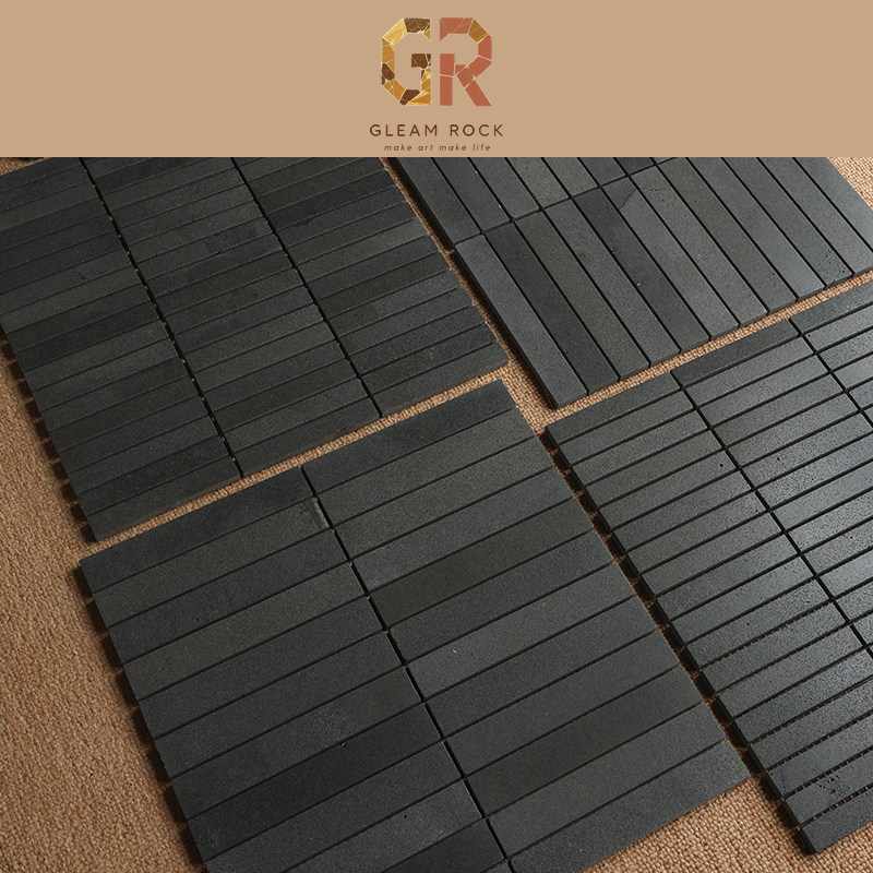Dark gray lava stone flat strip mosaic sheets layout