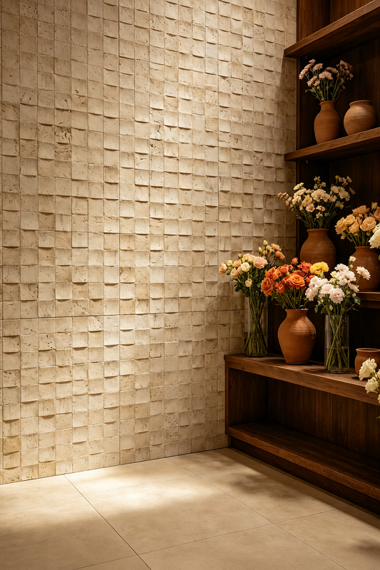 Travertine Look Mosaic Porcelain Tiles, 3D Textured Stone Effect Wall Tile