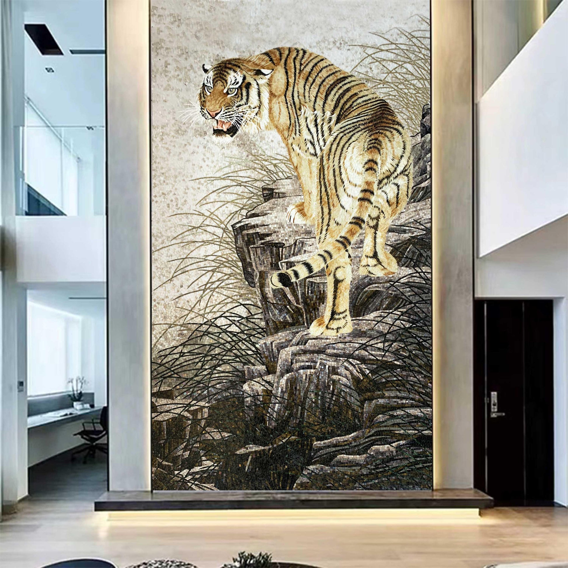 Hand-Cut Ice Jade Glass Tiger Mosaic Mural,Handmade Artistic Tile Wall Decor,Bespoke Wildlife Art for Home & Office,Premium Tiger Lover Gift - GR.Mosaic Decorative Pattern (View 4)