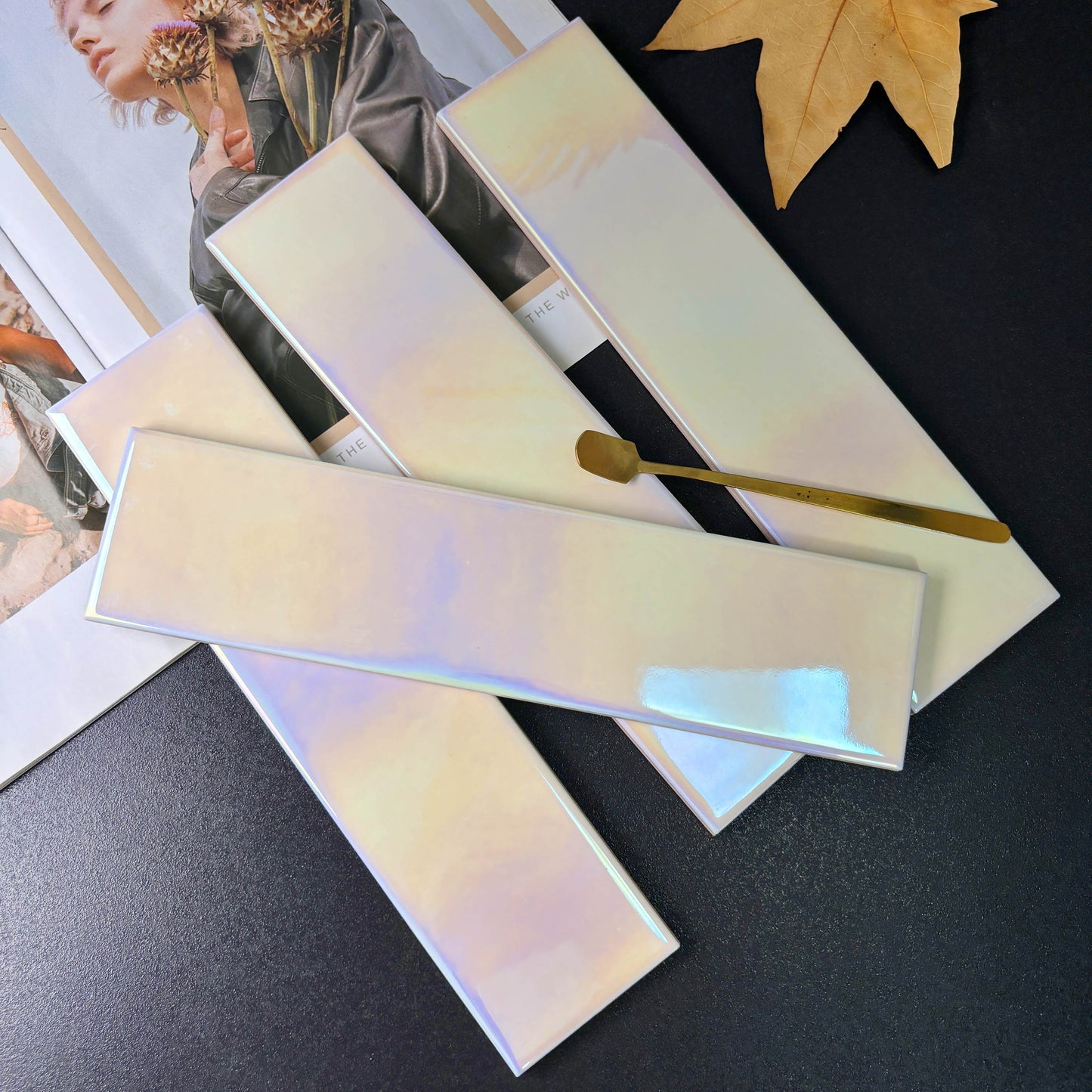 Iridescent Ceramic Tiles 65x265mm - Per Square Meter - Soft Pearl & Pastel Holographic Finish - 652601HC