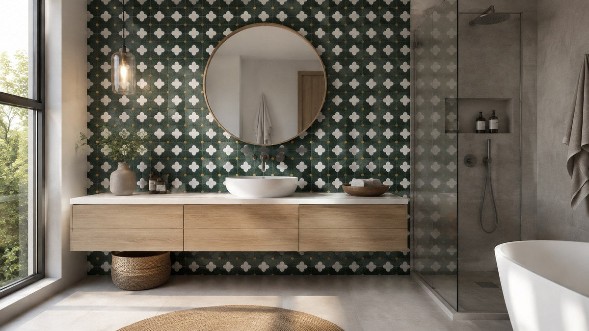 French vintage plum blossom mosaic tile - bathroom feature wall