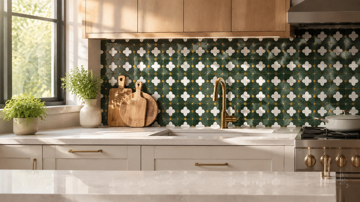 French vintage plum blossom mosaic tile - kitchen backsplash
